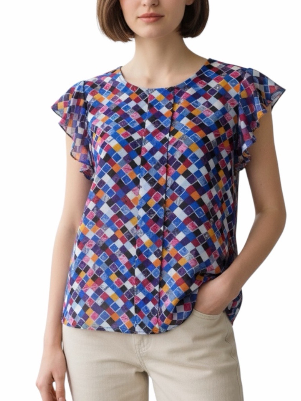 DKNY Women’s Multicolor Geometric Print Flutter Sleeve Blouse Top Size Medium